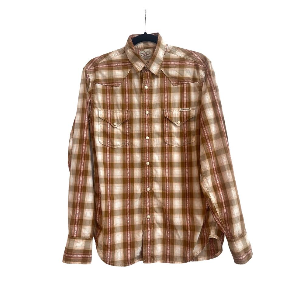 Lucky Brand Distinctive Western Sport Wear Brown and Salmon Plaid Button Down b - Picture 1 of 6